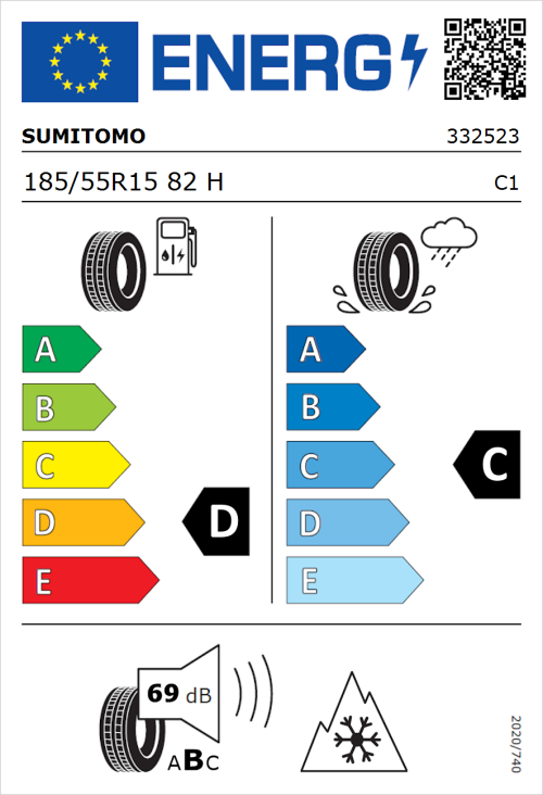 Tyre Label for Sumitomo WT200 185/55R15 82H
