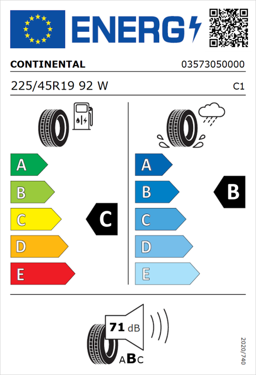 Tyre Label for Continental PremiumContact 6 SSR 225/45R19 92W