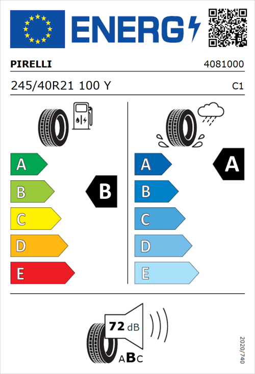 Tyre Label for Pirelli P ZERO E 245/40R21 100Y