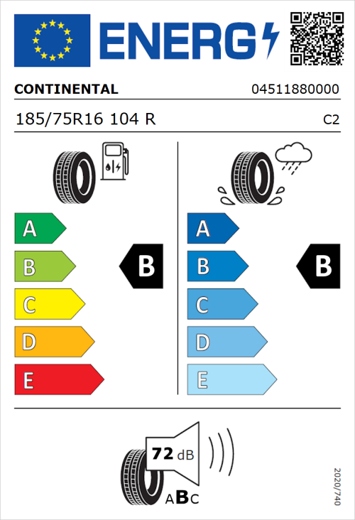 Tyre Label for Continental ContiVanContact 100 185/75R16 104R
