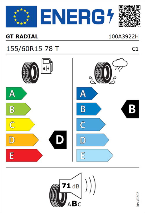 Tyre Label for GT Radial FE1 City 155/60R15 78T